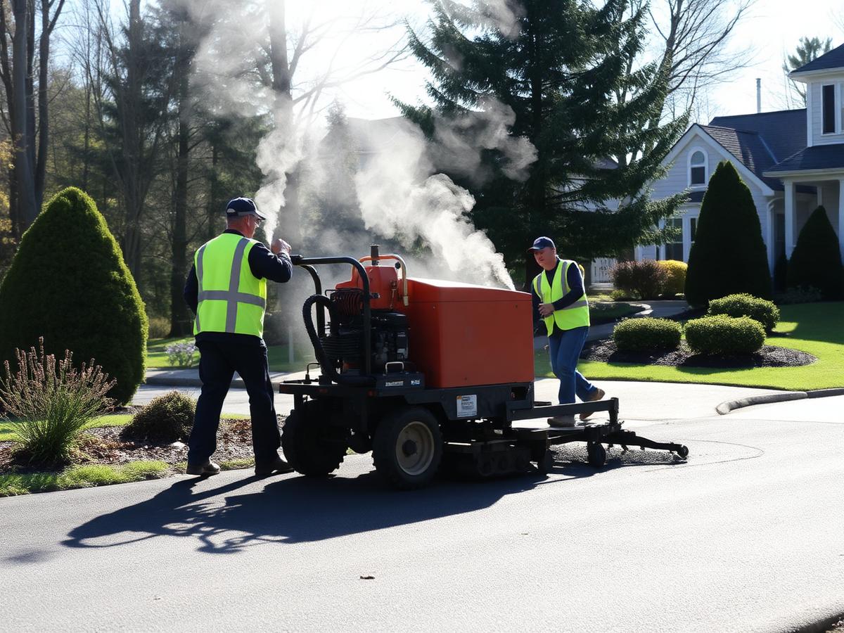 Paving crew laying hot-mix asphalt on a residential driveway in MetroWest Massachusetts