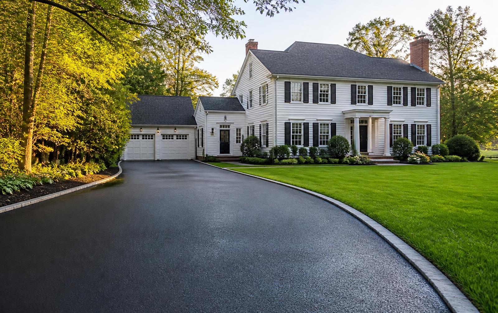 Freshly paved asphalt driveway leading to a colonial home in Framingham, Massachusetts